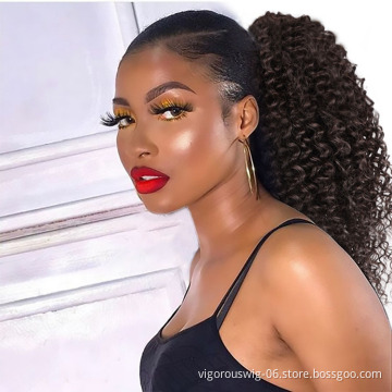 Vigorous Wholesale Top Selling Heat Resistant Fiber Brown Kinky Curly Machine Made Drawstring Synthetic Ponytail Hair Extension